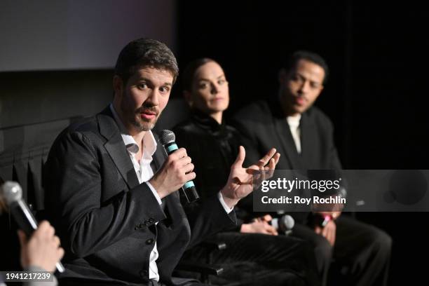 Joe Murtagh, Ruth Wilson and Daryl McCormack speak on stage during 'The Woman in the Wall' Premiere Event on January 17, 2024 in New York City.