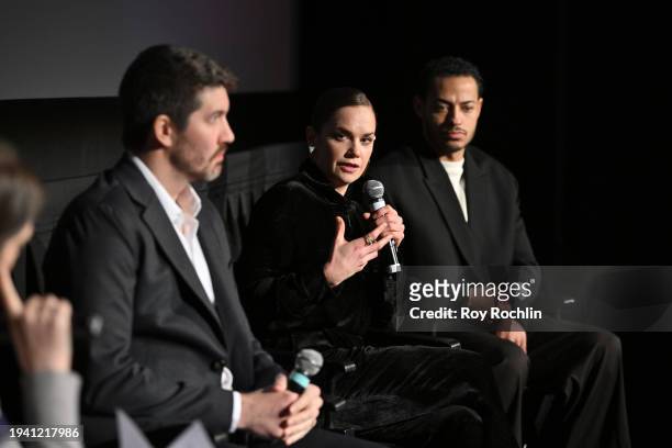Joe Murtagh, Ruth Wilson and Daryl McCormack speak on stage during 'The Woman in the Wall' Premiere Event on January 17, 2024 in New York City.