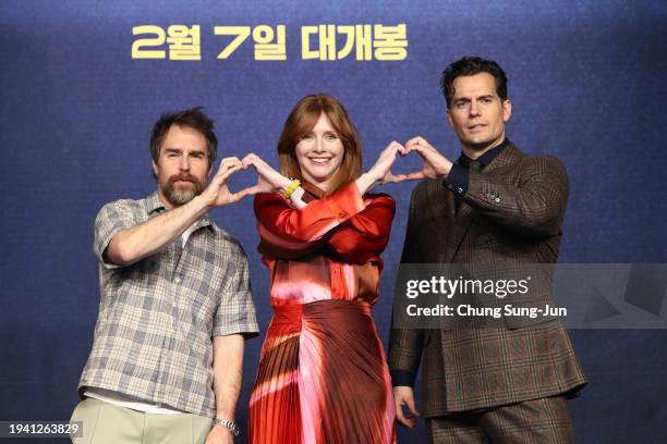 Sam Rockwell, Bryce Dallas Howard and Henry Cavill attend a press conference for "Argylle" on January 18, 2024 in Seoul, South Korea.
