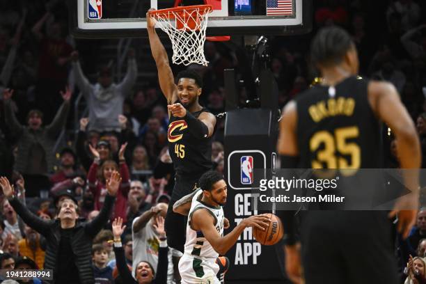 Donovan Mitchell of the Cleveland Cavaliers celebrates after scoring during the second half against the Milwaukee Bucks at Rocket Mortgage Fieldhouse...