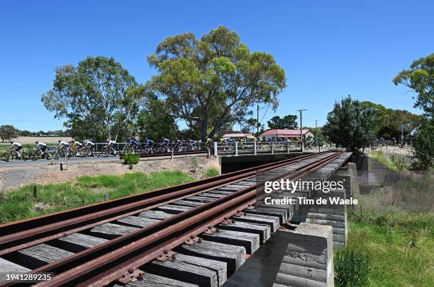 General view of the peloton passing through a train track during the 24th Santos Tour Down Under 2024, Stage 3 a 145.3km stage from Tea Tree Gully to...