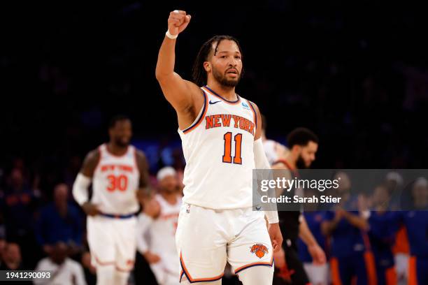 Jalen Brunson of the New York Knicks reacts during the second half against the Houston Rockets at Madison Square Garden on January 17, 2024 in New...