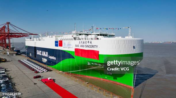 The Chinese-built SAIC Anji Sincerity, the world's largest green ro-ro car carrier, is berthed at Shanghai Haitong International Automotive Terminal...