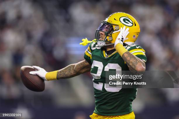 Jaire Alexander of the Green Bay Packers celebrates during an NFL wild-card playoff football game against the Dallas Cowboys at AT&T Stadium on...