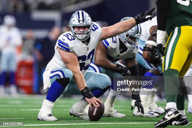 Tyler Biadasz of the Dallas Cowboys lines up during an NFL wild-card playoff football game against the Green Bay Packers at AT&T Stadium on January...