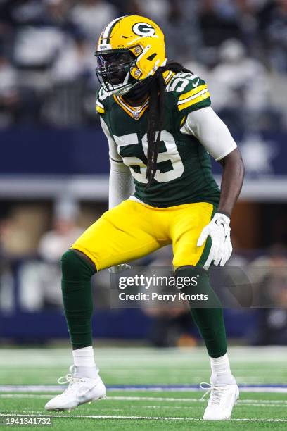 De'Vondre Campbell of the Green Bay Packers defends in coverage during an NFL wild-card playoff football game against the Dallas Cowboys at AT&T...