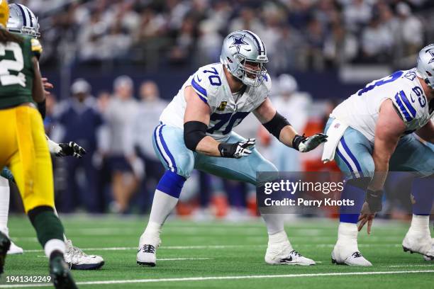 Zack Martin of the Dallas Cowboys drops back to block during an NFL wild-card playoff football game against the Green Bay Packers at AT&T Stadium on...