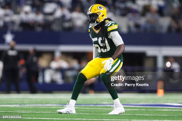 De'Vondre Campbell of the Green Bay Packers defends in coverage during an NFL wild-card playoff football game against the Dallas Cowboys at AT&T...