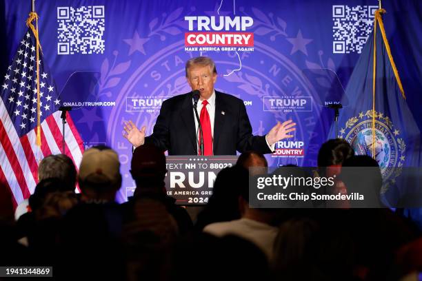 Republican presidential candidate, former U.S. President Donald Trump talks to supporters during a campaign rally at the Sheraton Portsmouth...