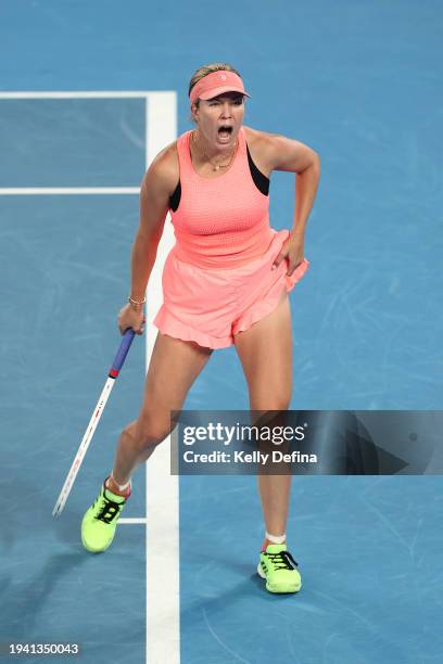 Danielle Collins of the United States celebrates a point in their round two singles match against Iga Swiatek of Poland during the 2024 Australian...