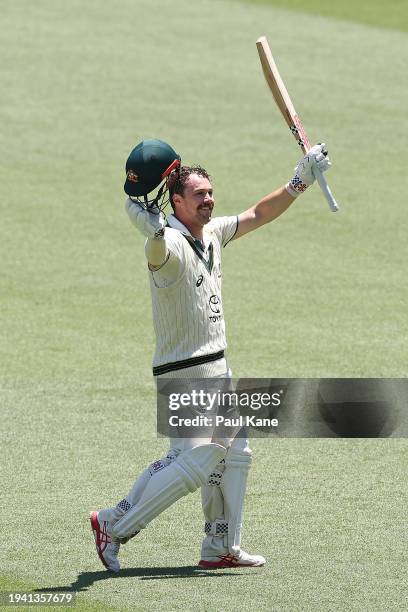 Travis Head of Australia celebrates his century during day two of the First Test in the Mens Test match series between Australia and West Indies at...