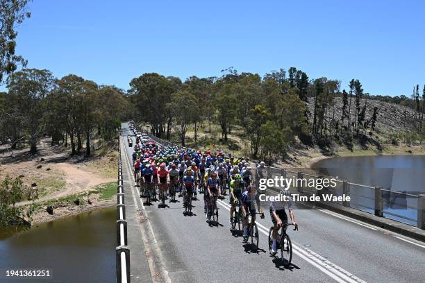 Michael Hepburn of Australia and Team Jayco AlUla and Finn Fisher-Black of New Zealand and UAE Team Emirates lead the peloton during the 24th Santos...