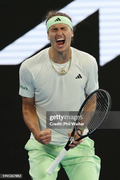 Alexander Zverev of Germany celebrates winning set point in their round two singles match against Lukas Klein of Slovakia during the 2024 Australian...