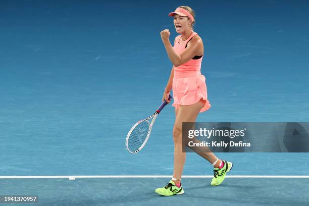 Danielle Collins of the United States celebrates a point in their round two singles match against Iga Swiatek of Poland during the 2024 Australian...