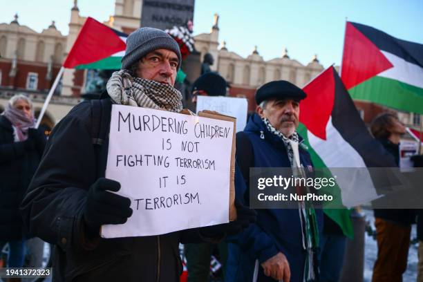 Solidarity with Palestine demonstration against Israeli attacks over Gaza was is held at the Main Square in Krakow, Poland on January 20th, 2024....