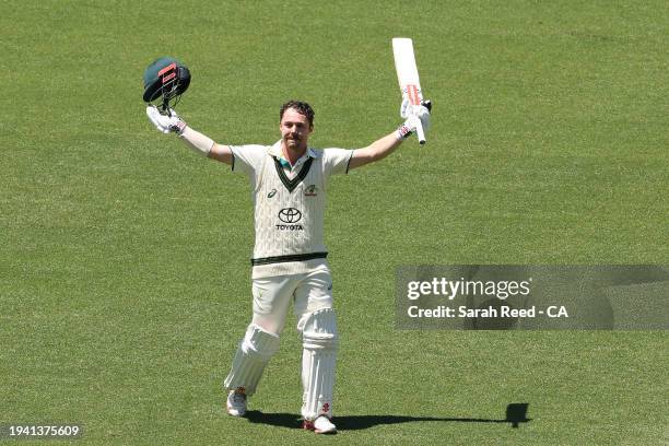 Travis Head of Australia celebrates his 100th run during day two of the First Test in the Mens Test match series between Australia and West Indies at...