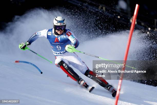 Timon Haugan of Team Norway in action during the Audi FIS Alpine Ski World Cup Men's Slalom on January 21, 2024 in Kitzbuehel, Austria.