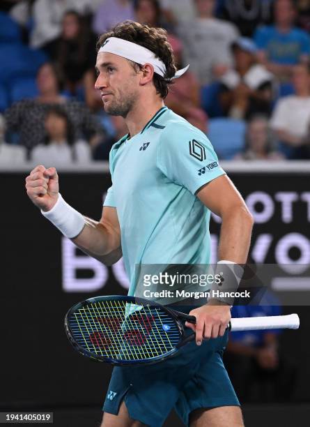 Casper Ruud of Norway celebrates a point in their round two singles match against Max Purcell of Australia during the 2024 Australian Open at...