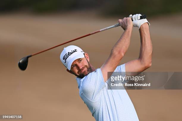 Scott Jamieson of Scotland plays his second shot on the third hole during Round One of the Hero Dubai Desert Classic at Emirates Golf Club on January...