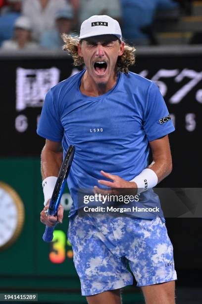 Max Purcell of Australia celebrates a point in their round two singles match against Casper Ruud of Norway during the 2024 Australian Open at...