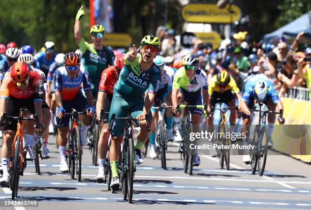 Sam Welsford of Australia and Bora-Hansgrohe team celebrates winning the 24th Santos Tour Down Under Health Partners Men's Stage 3 from Tea Tree...