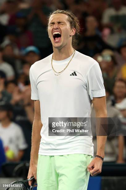 Alexander Zverev of Germany celebrates match point in their round two singles match against Lukas Klein of Slovakia during the 2024 Australian Open...