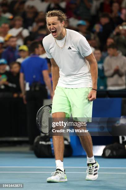 Alexander Zverev of Germany celebrates match point in their round two singles match against Lukas Klein of Slovakia during the 2024 Australian Open...