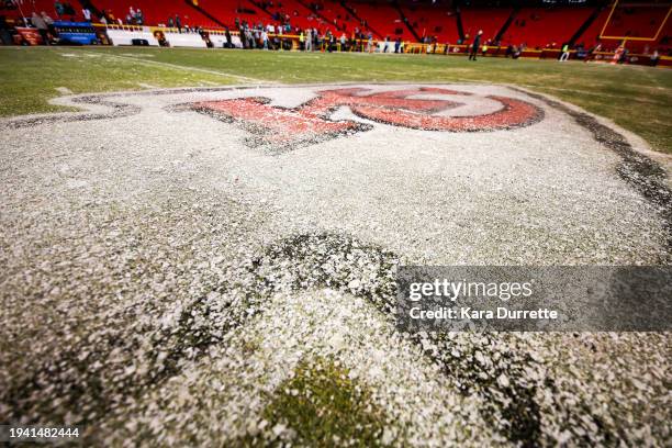 The Kansas City Chiefs logo is seen covered in ice before an NFL wild-card playoff football game between the Kansas City Chiefs and Miami Dolphins at...