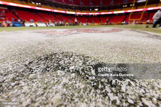 The Kansas City Chiefs logo is seen covered in ice before an NFL wild-card playoff football game between the Kansas City Chiefs and Miami Dolphins at...