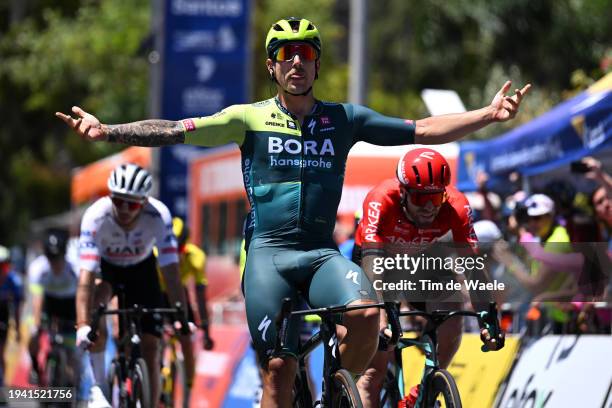 Sam Welsford of Australia and Team BORA - Hansgrohe celebrates at finish line as stage winner during the 24th Santos Tour Down Under 2024, Stage 3 a...