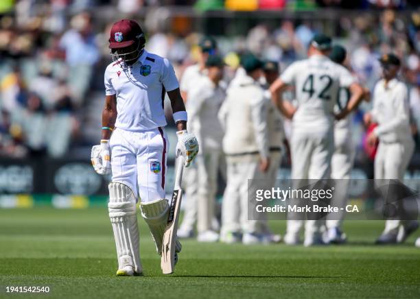 Kaven Hodge of the West Indies leaves the ground after getting out to Josh Hazelwood of Australia during day two of the First Test in the Mens Test...