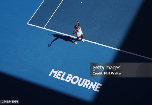 Sloane Stephens of the United States serves in their round two singles match against Daria Kasatkina during the 2024 Australian Open at Melbourne...