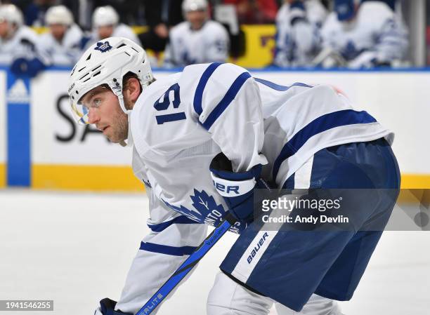 Calle Jarnkrok of the Toronto Maple Leafs awaits a face-off during the game against the Edmonton Oilers at Rogers Place on January 16 in Edmonton,...