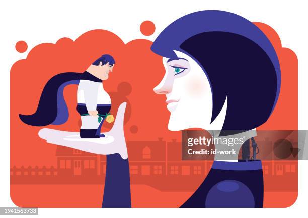 illustrazioni stock, clip art, cartoni animati e icone di tendenza di donna robot che affronta un triste supereroe adulto medio - amore non corrisposto