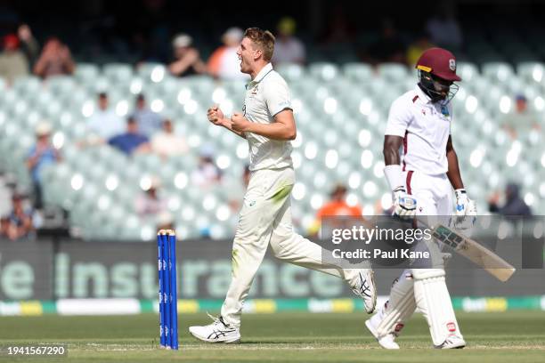 Cameron Green of Australia celebrates the wicket of Kirk McKenzie of the West Indies during day two of the First Test in the Mens Test match series...