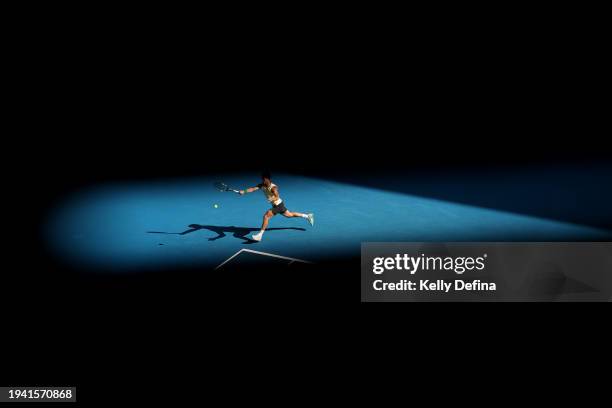 Carlos Alcaraz of Spain plays a forehand in their round two singles match against Lorenzo Sonego of Italy during the 2024 Australian Open at...