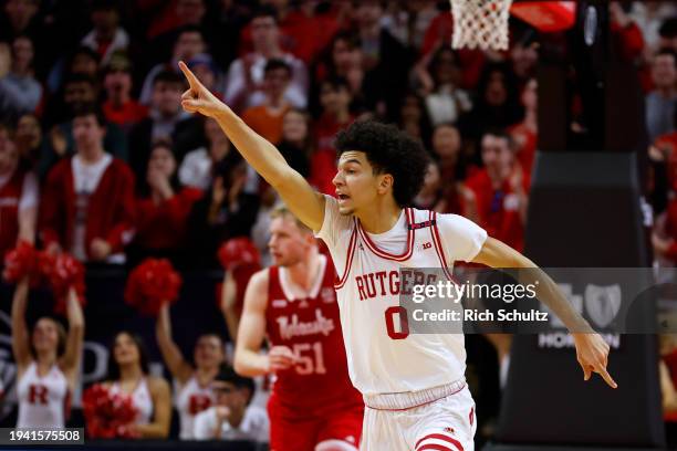 Derek Simpson of the Rutgers Scarlet Knights reacts against the Nebraska Cornhuskers during a game at Jersey Mike's Arena on January 17, 2024 in...