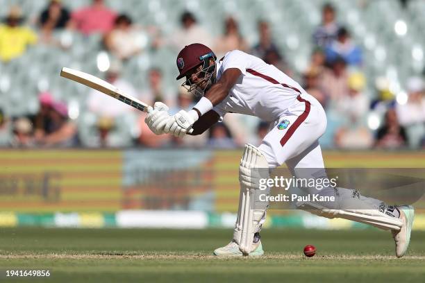 Justin Greaves of the West Indies bats during day two of the First Test in the Mens Test match series between Australia and West Indies at Adelaide...