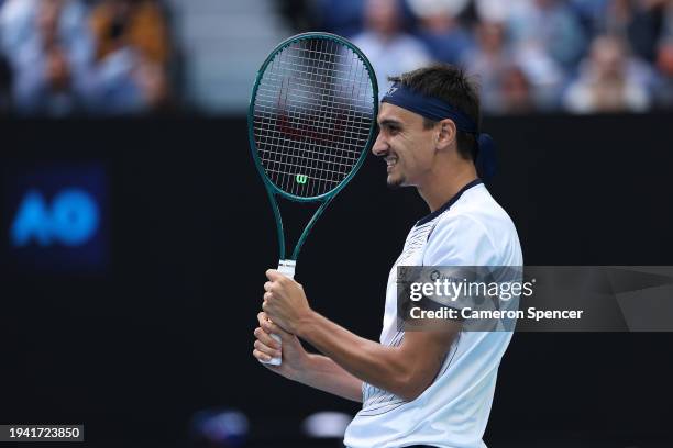 Lorenzo Sonego of Italy celebrates a point in their round two singles match against Carlos Alcaraz of Spain during the 2024 Australian Open at...