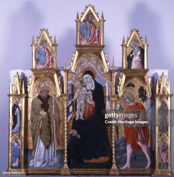 Virgin and Child with Saints, circa 1475-1480. At the centre of this multi-paneled altarpiece, the enthroned Virgin Mary, surrounded by angels, holds...