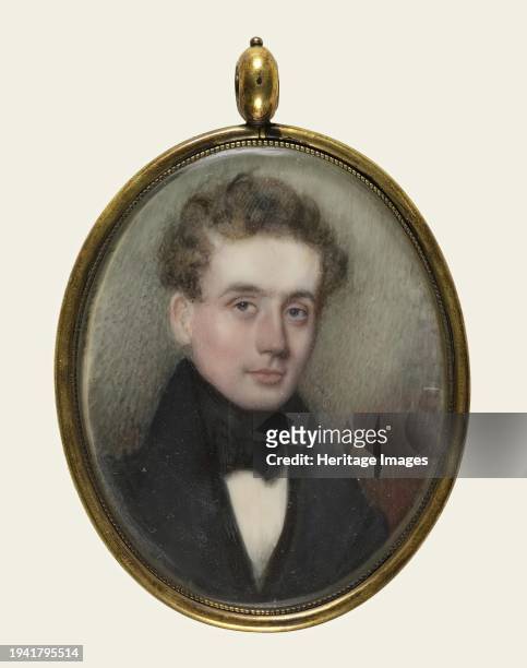 Edwin Hall of Boston, circa 1820. Head and shoulders portrait with brown curly hair, wearing a dark blue coat, white shirt, and black neckcloth....