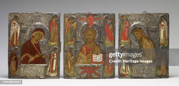 Three-Panel Icon with the "Deesis", 16th century. These three icons form a group. In the center, Christ is represented as the Just Judge, surrounded...