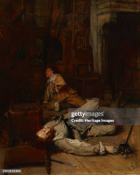 The End of the Game of Cards, 1865. Two gentlemen in Louis XIII attire have fought a fatal duel over a game of tarot. One lies dead with his head...