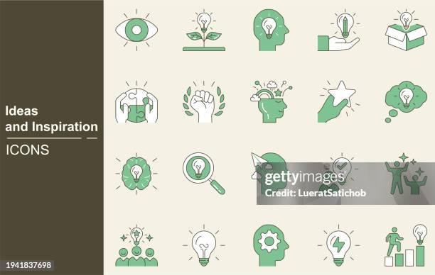 ideas and inspiration icon set. creative thought, solutions, originality, human brain, light bulb, creative process, brainstorming, imagination, inventiveness, originality, include innovation, target - mind map stock illustrations