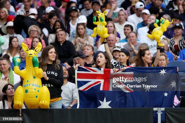 Fans in attendance show their support in the round two singles match between Grigor Dimitrov of Bulgaria and Thanasi Kokkinakis of Australia during...