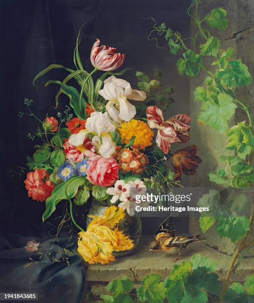 Floral still life with sparrow and vine, 1848. Creator: Josef Lauer.