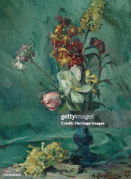 Flowers in blue vase and primrose bouquet, 1907. Creator: Anton Faistauer.