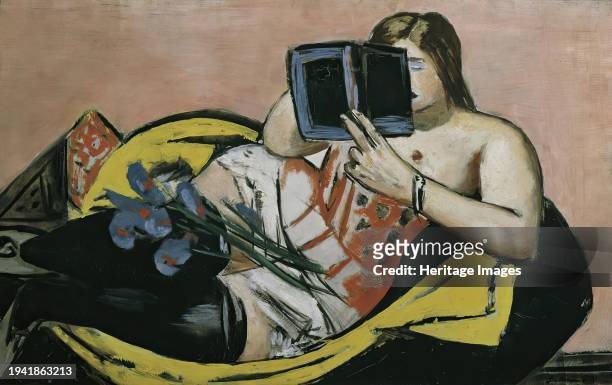 Lying woman with book and irises, 1931. Creator: Max Beckmann.