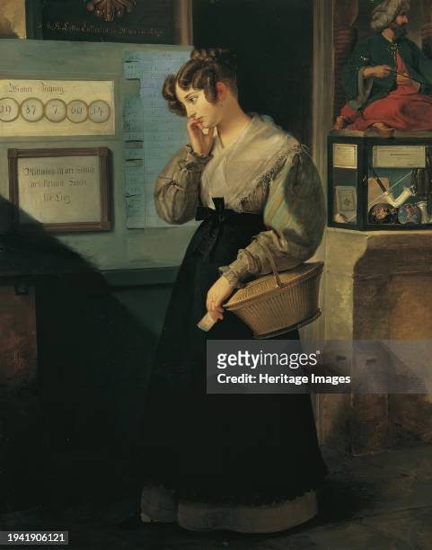 Girl in front of the lottery vault, 1829. A young woman looks at the winning numbers - she has lost. The lottery ticket in her hand is worthless, the...