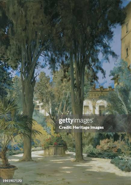 Vedute of the Embassy in Rome: Garden area with two cypresses, circa 1890/1900. Creator: Othmar Brioschi.